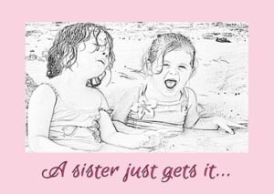 black and white photo sketch of young sisters laughing in the sand. Framed in pink with text
