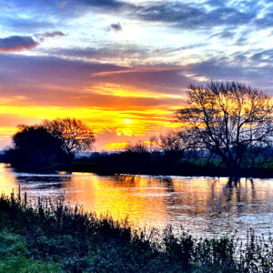 Portrait card of winter sunrise over the River Trent, near Swarkestone Bridge, Derbyshire