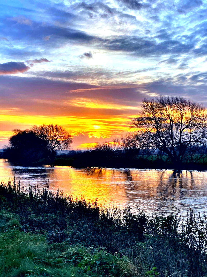 Portrait card of winter sunrise over the River Trent, near Swarkestone Bridge, Derbyshire