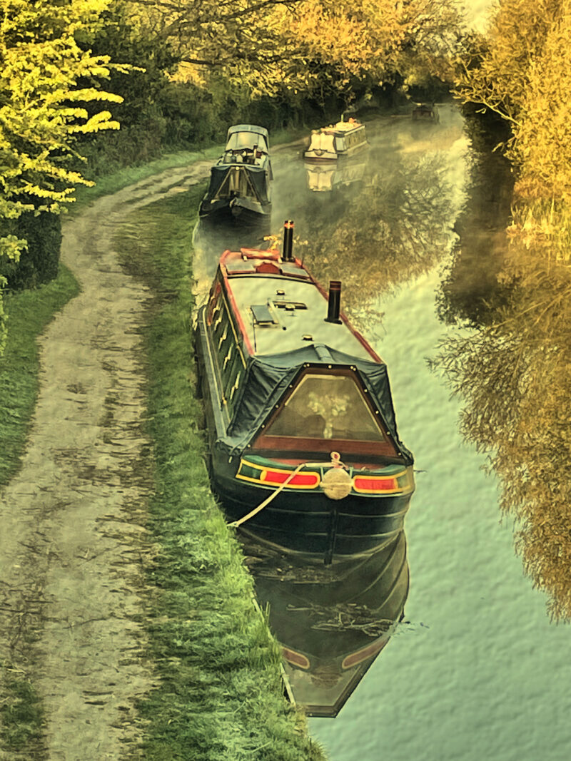 Textured effect portrait image of canal boats on the Trent and Mersey Canal near Swarkestone Lock, Derbyshire