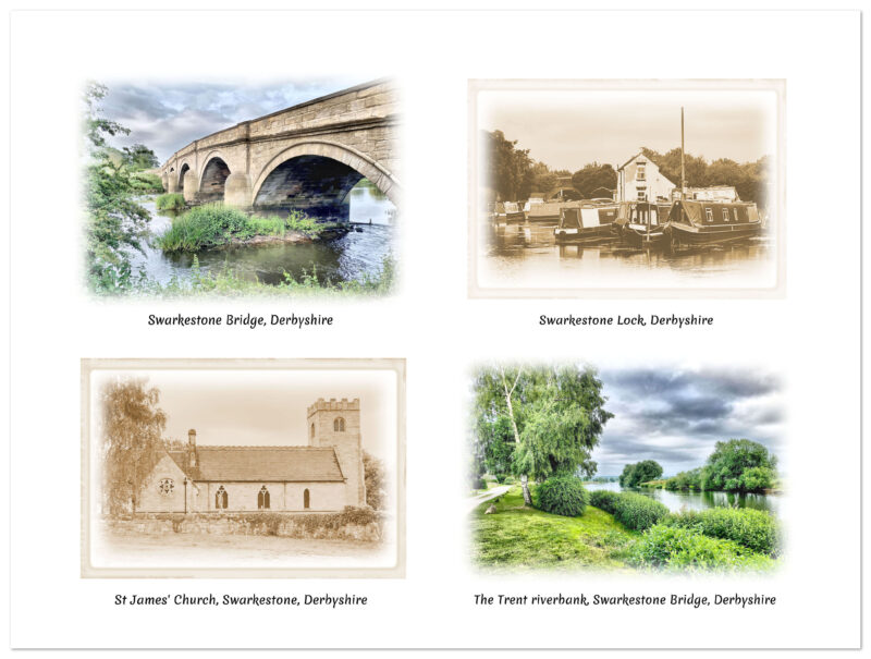 Swarkestone Bridge. Swarkestone lock. St James’ Church, Swarkestone. The Trent riverbank, Swarkestone. 4 images on one greeting card
