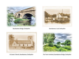 Swarkestone Bridge. Swarkestone lock. St James’ Church, Swarkestone. The Trent riverbank, Swarkestone. 4 images on one greeting card